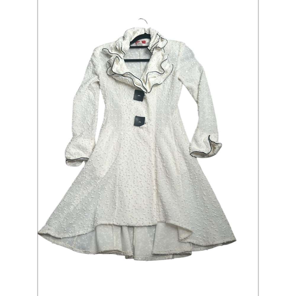 SANT GIL Paris Elegant White Ruffled Coat black trim size M - Picture 2 of 12